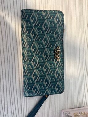 Guess Teal Geometric Zip Wallet with Gold Logo